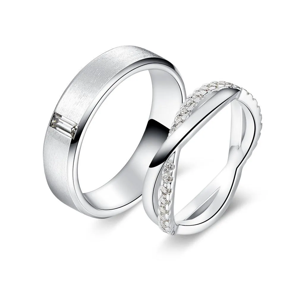 Versatile Charm Handmade Shine Satin Finish Emerald Cut and Infinity Moissanite Eternity Couple's Ring Set