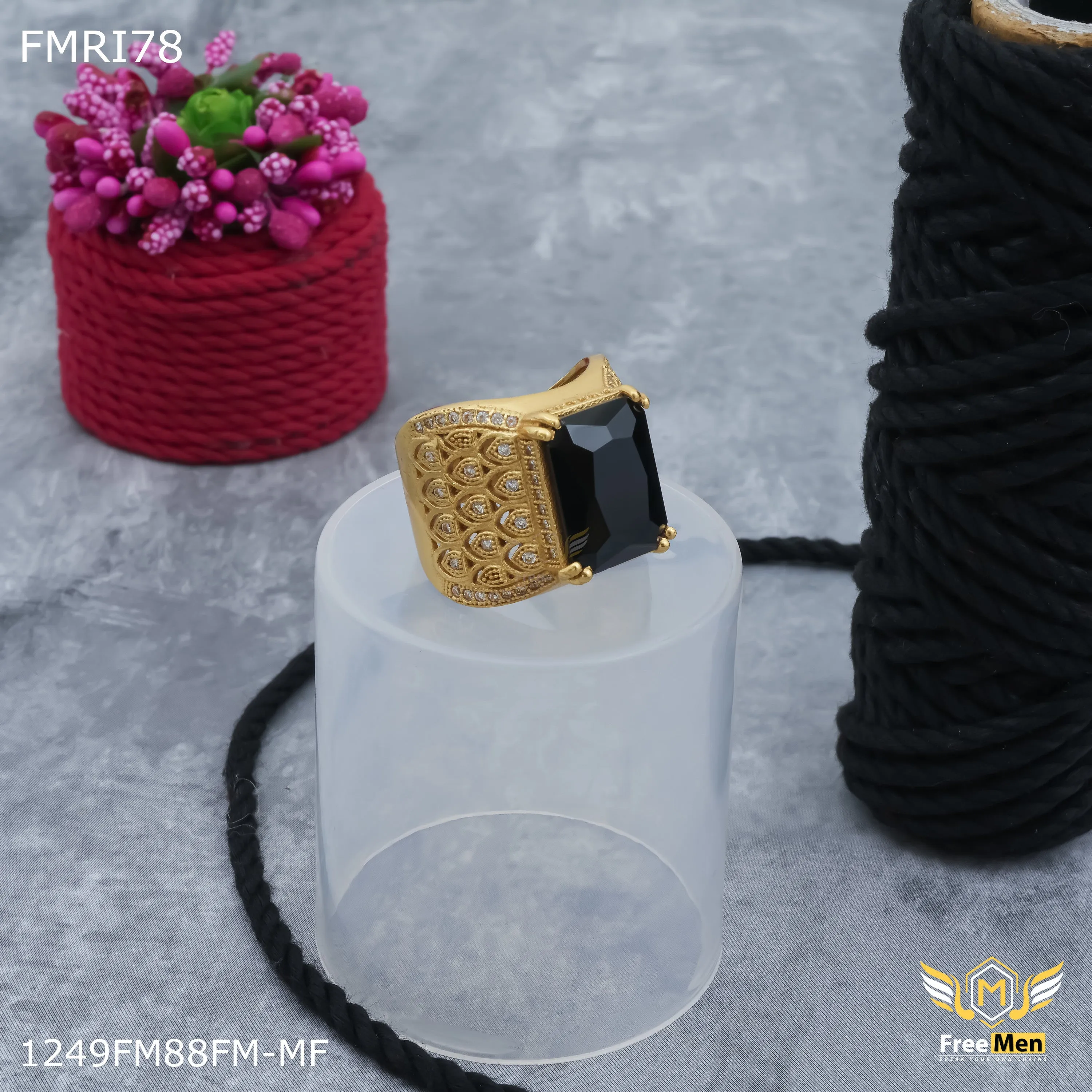 Perfect Accent Delicate Trinket Freemen Black stone with morpich design golden ring for men - FMRI78