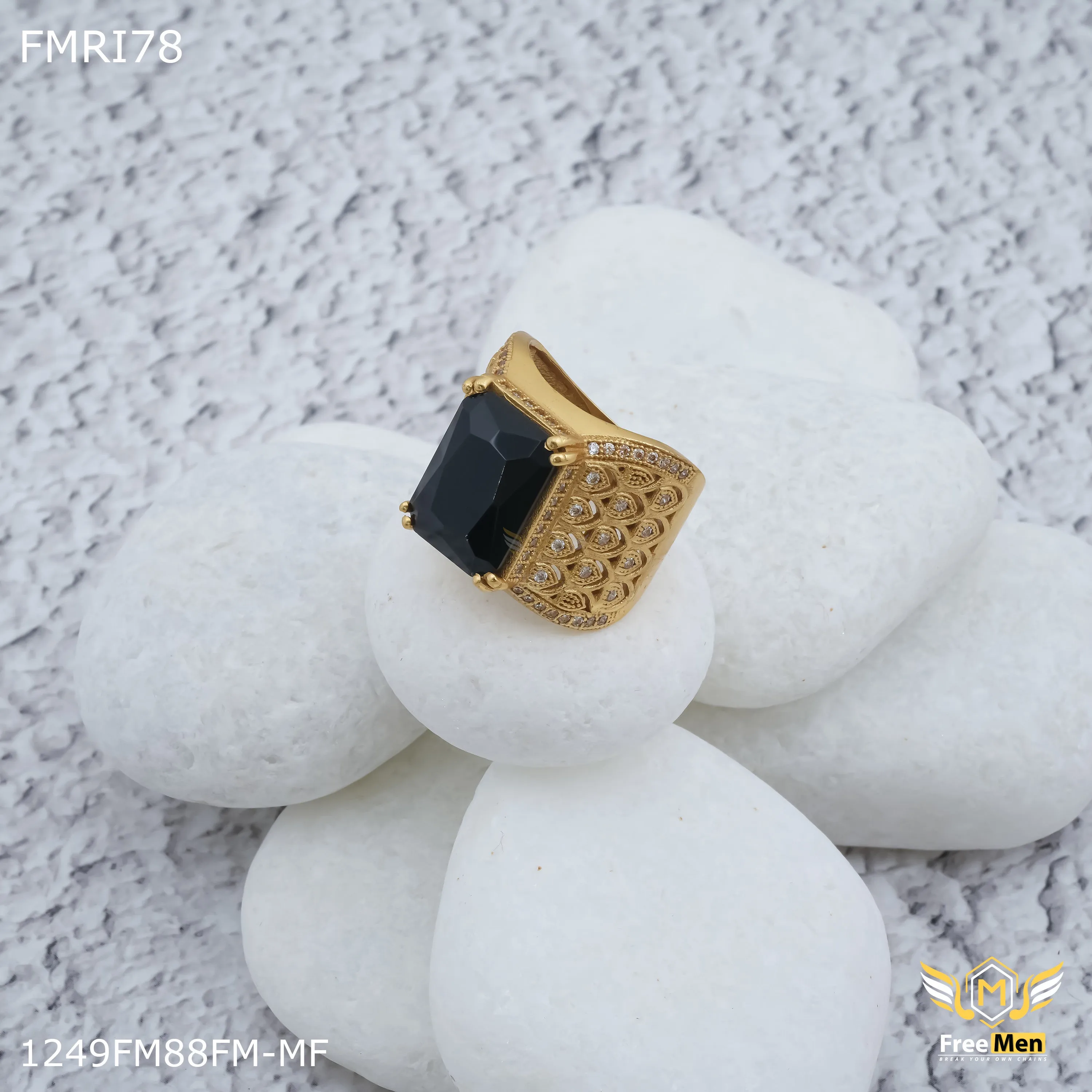 Artistic Item Freemen Black stone with morpich design golden ring for men - FMRI78