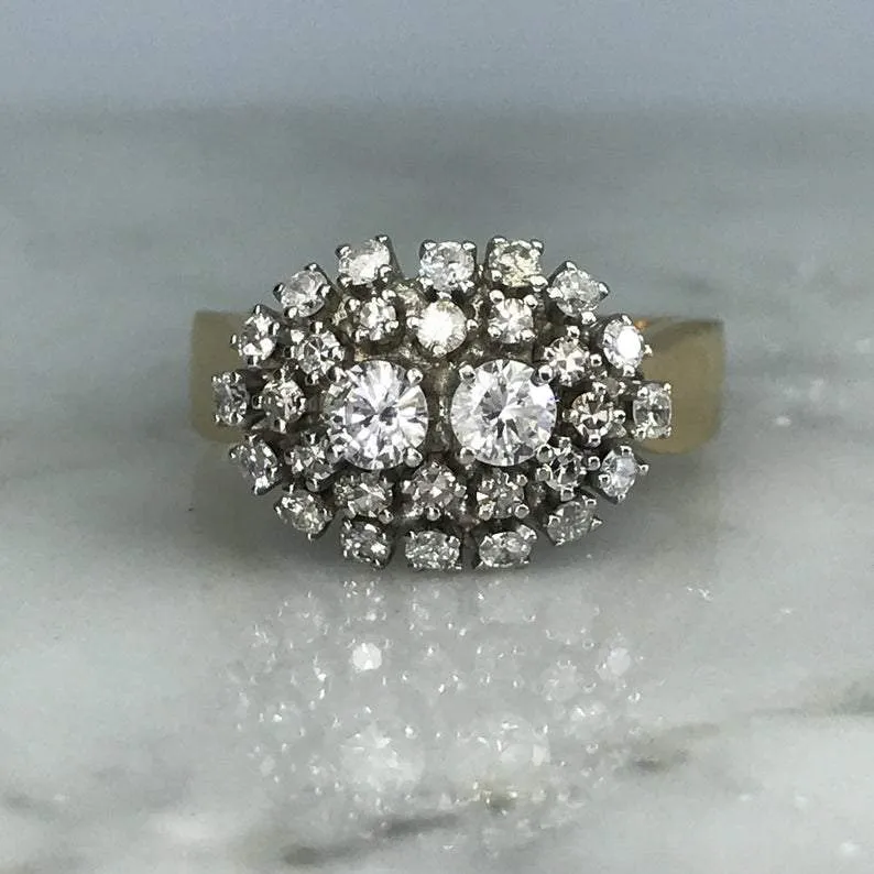 Brilliant Work Vintage Diamond Cluster Cocktail Ring in 14K Gold. Unique Engagement Ring. April Birthstone.