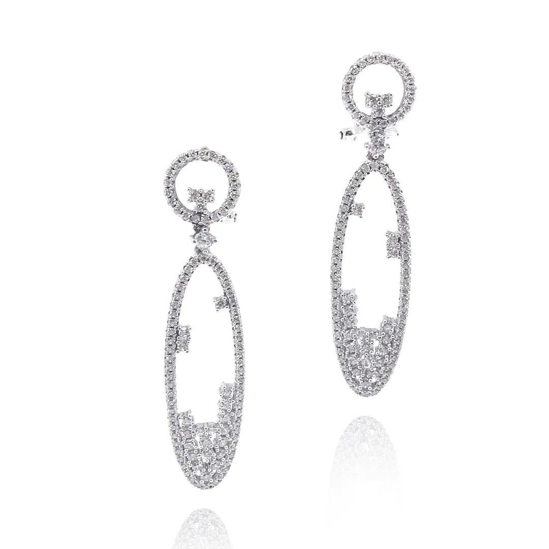 Exquisite Ornament Rhodium Plated Sterling Silver Long Micro Pave CZ Oval Earrings