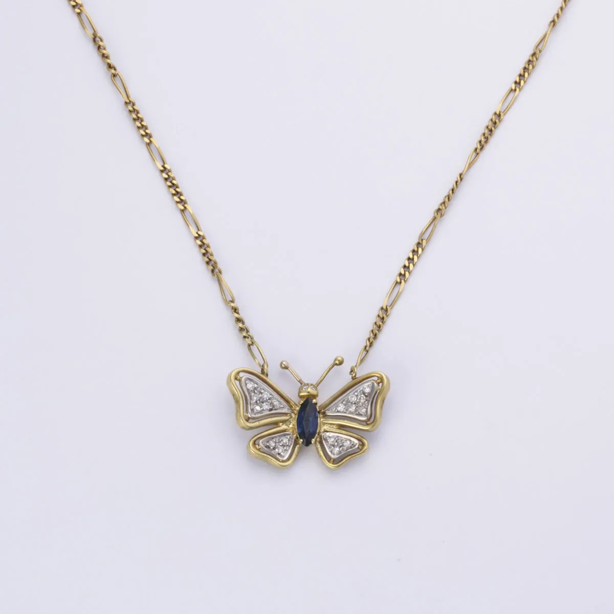 18k Yellow Gold Butterfly Sapphire and Diamond Necklace | 0.34ct, 0.15ctw | 16" Glistening Look