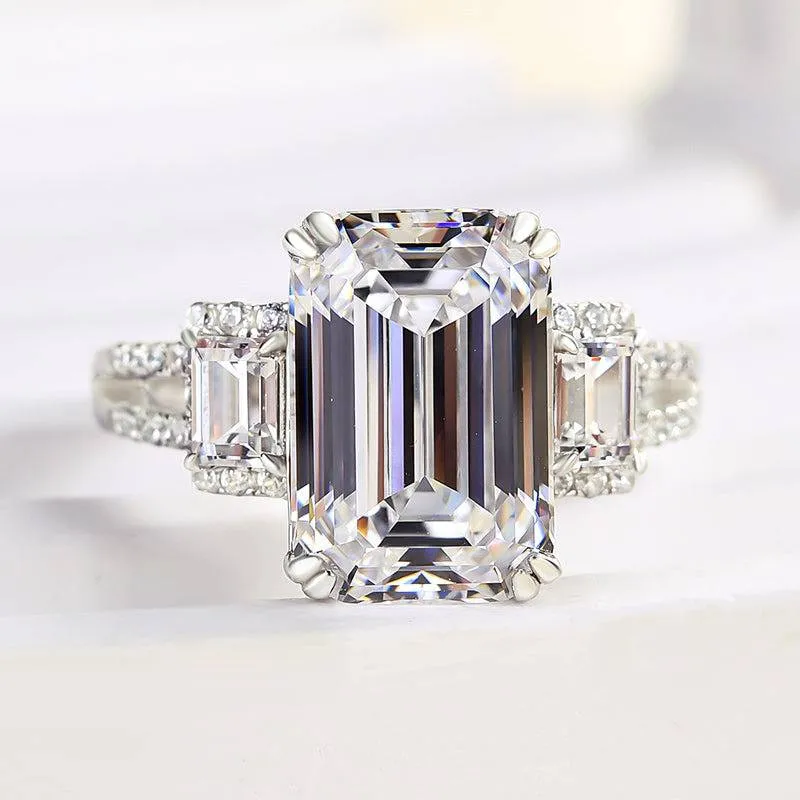 Enchanted Detail Simple pieces Louily Luxury Split Shank Emerald Cut Three Stone Engagement Ring