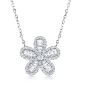 Sterling Silver CZ Baguette Flower Necklace Family Present