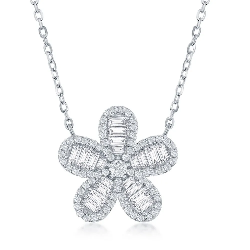 Sterling Silver CZ Baguette Flower Necklace Family Present