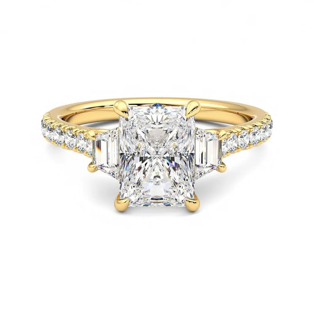Statement Accent Glam Vibe Three Stone Radiant Cut & Half Moon Moissanite Engagement Ring with Hidden Anniversary Stone Accent