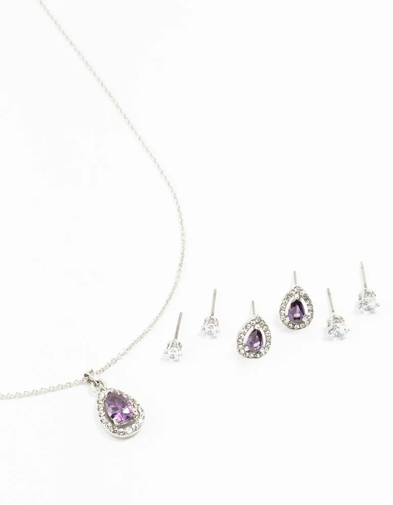 Silver Multiple Purple & Silver  Pear Earring & Necklace Set Flawless Radiance