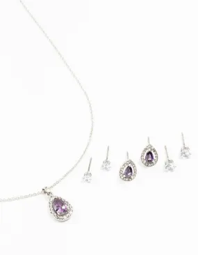 Silver Multiple Purple & Silver  Pear Earring & Necklace Set Flawless Radiance