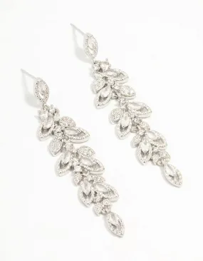 Gleaming Touch Flat Detail Silver Cubic Zirconia Cluster Leaf Drop Earrings