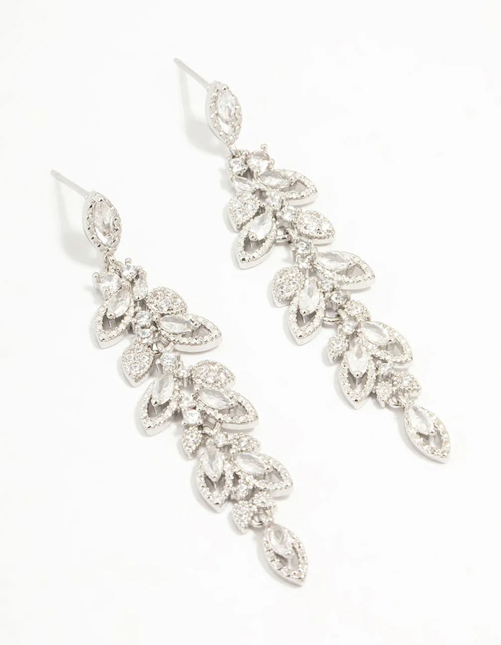 Gleaming Touch Flat Detail Silver Cubic Zirconia Cluster Leaf Drop Earrings