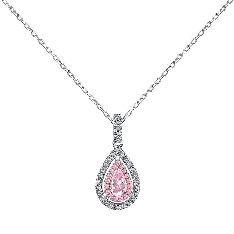 Louily Pink Stone Double Halo Pear Cut Women's Necklace Refined Craft