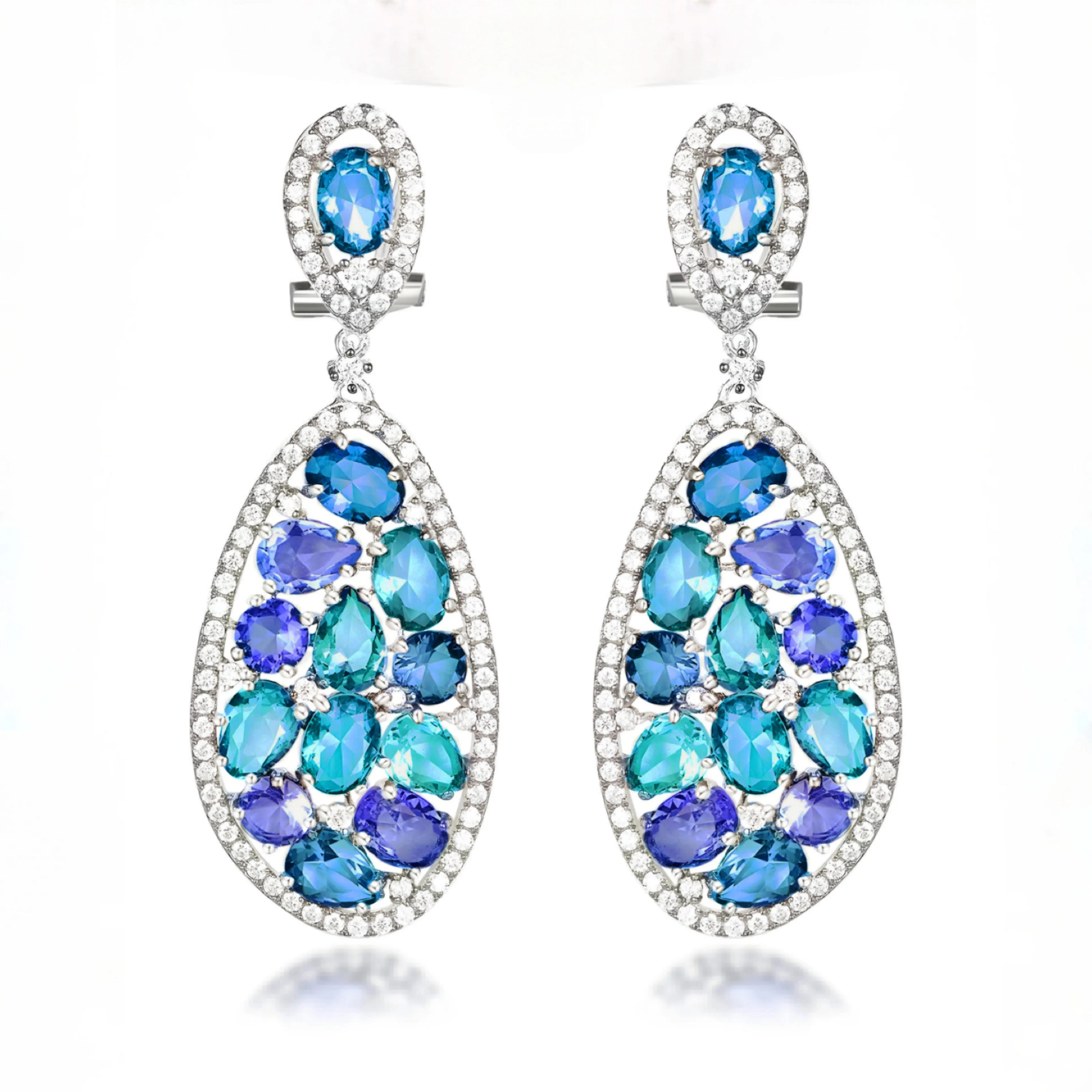 Ornate Decoration Sterling Silver CZ And Colored Stones Earrings