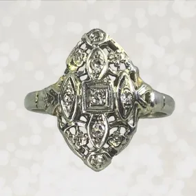 Vintage Diamond Shield Ring in a 14K White Gold Art Nouveau Filigree Setting. Unique Engagement Ring. Secure Appearance Accessory Product