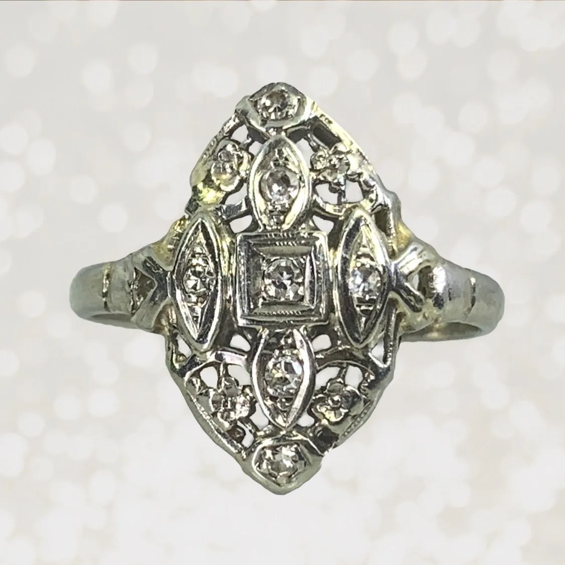 Vintage Diamond Shield Ring in a 14K White Gold Art Nouveau Filigree Setting. Unique Engagement Ring. Secure Appearance Accessory Product