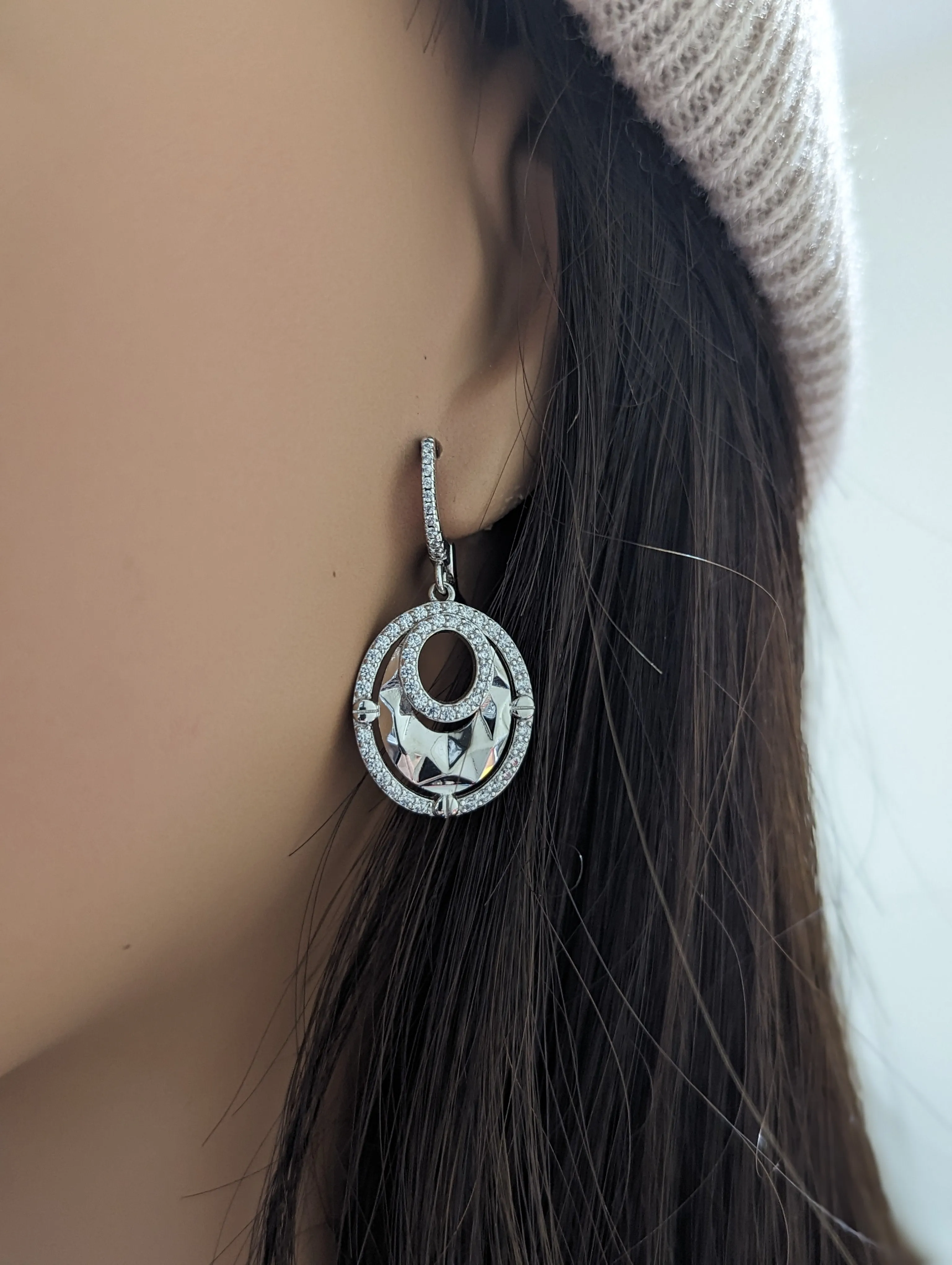 Sterling Silver Double Oval CZ Earring Industrial Trinket Vintage-Inspired Accent