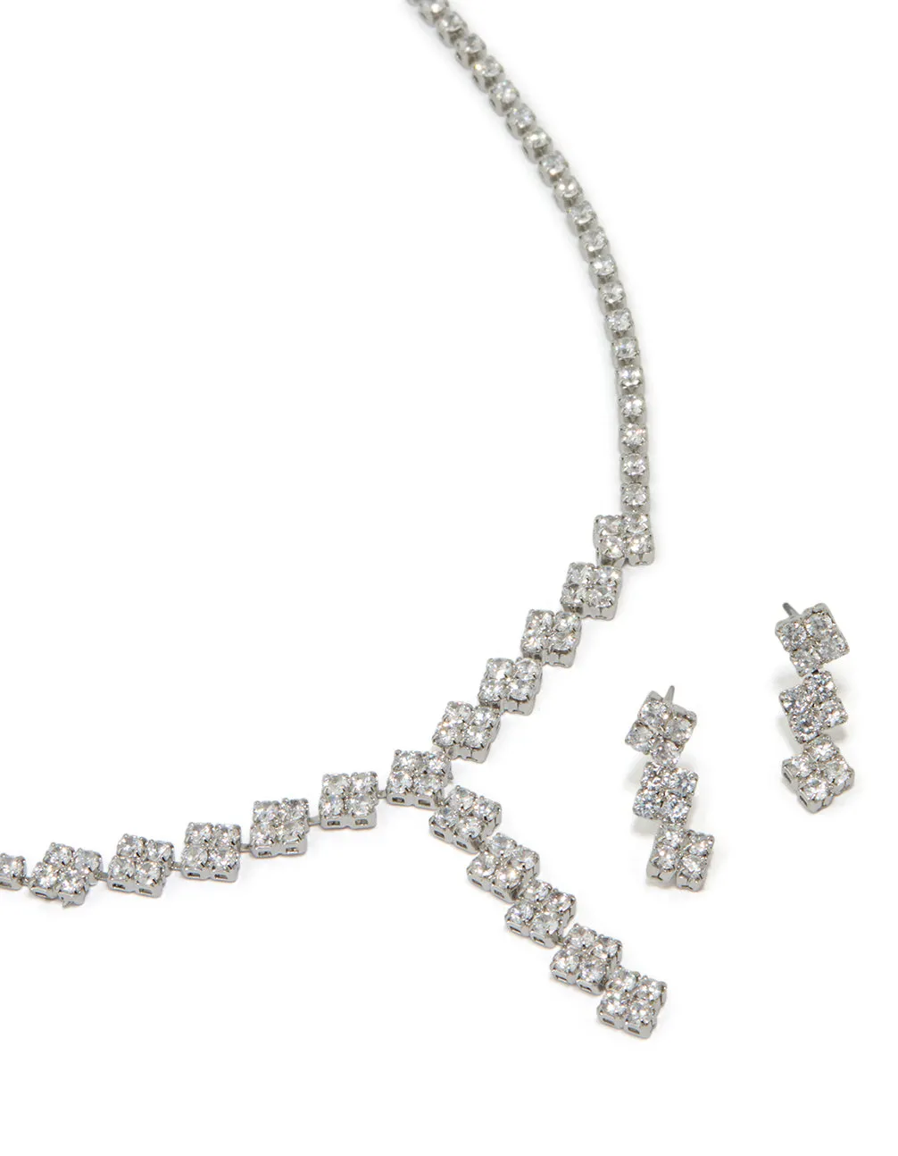 Iconic Feature Lustrous Glow Silver Cubic Zirconia Flower Y-Necklace & Earrings Set