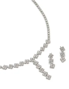 Iconic Feature Lustrous Glow Silver Cubic Zirconia Flower Y-Necklace & Earrings Set