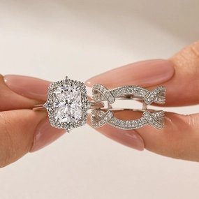 Unique Radiance Stylish Moment Moissanite 3.0Ct Radiant Cut White Gold Stack Wedding Ring with Enhancer Wedding Band