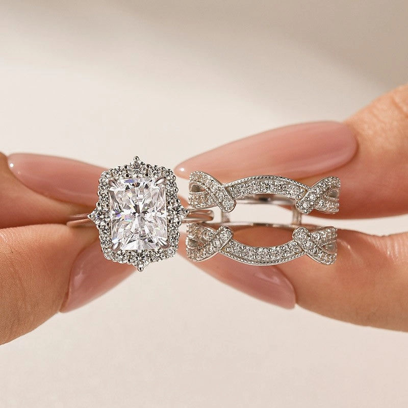 Unique Radiance Stylish Moment Moissanite 3.0Ct Radiant Cut White Gold Stack Wedding Ring with Enhancer Wedding Band