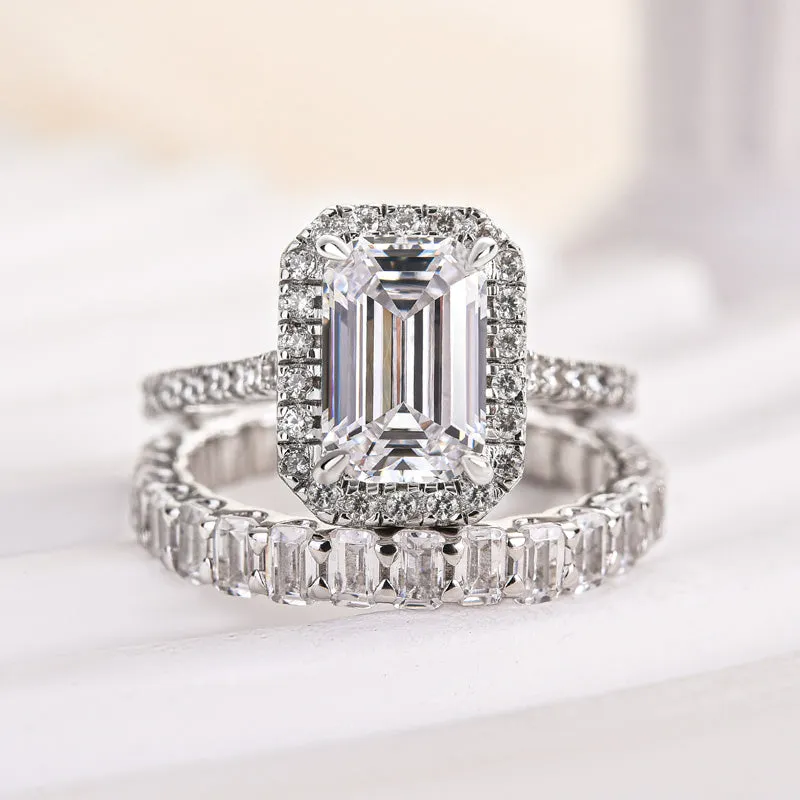 Radiant Statement Dazzling Detail Louily Noble Halo Emerald Cut Wedding Ring Set