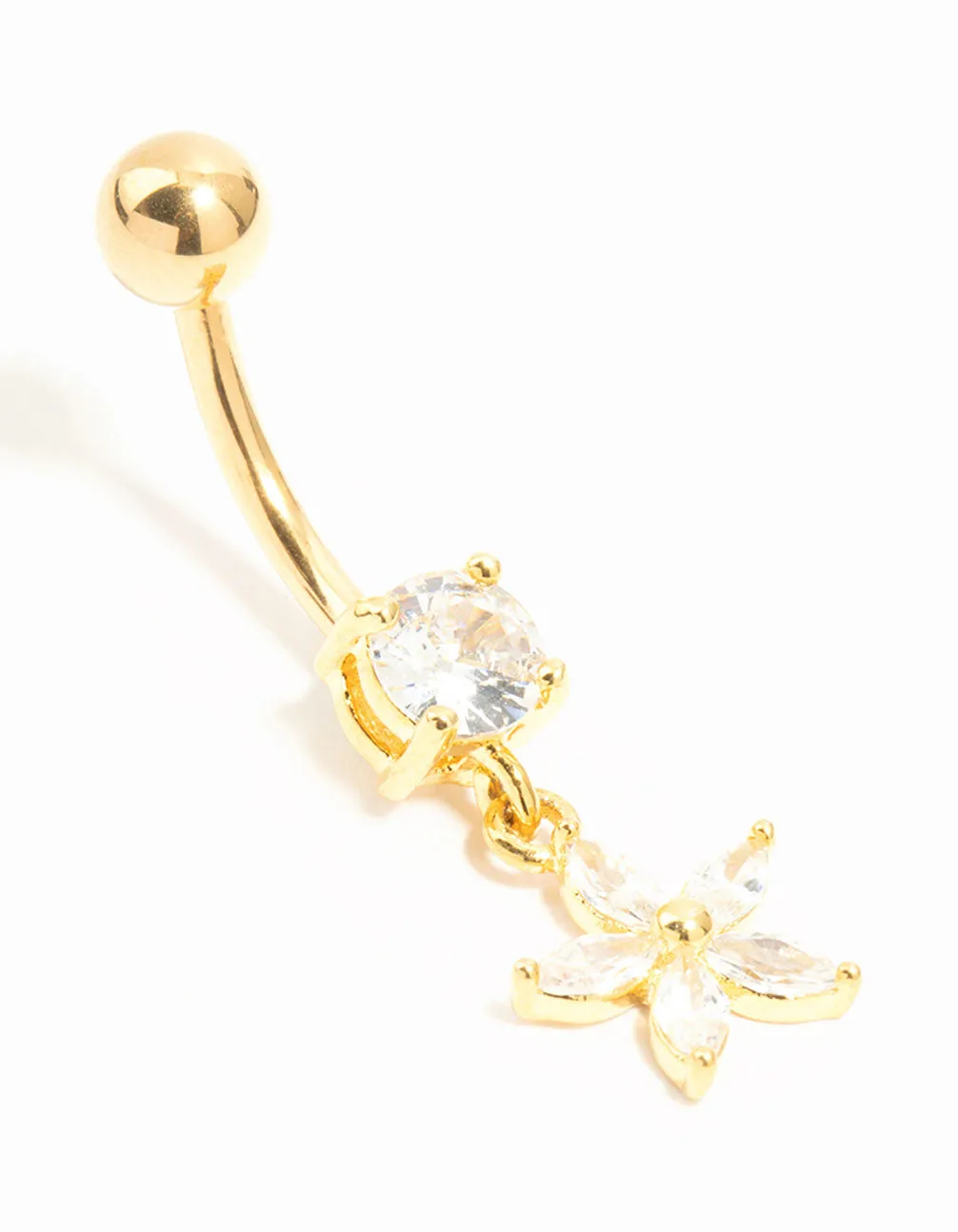 Gold Plated Titanium Cubic Zirconia Flower Drop Belly Bar Glossy Touch Luxury Form