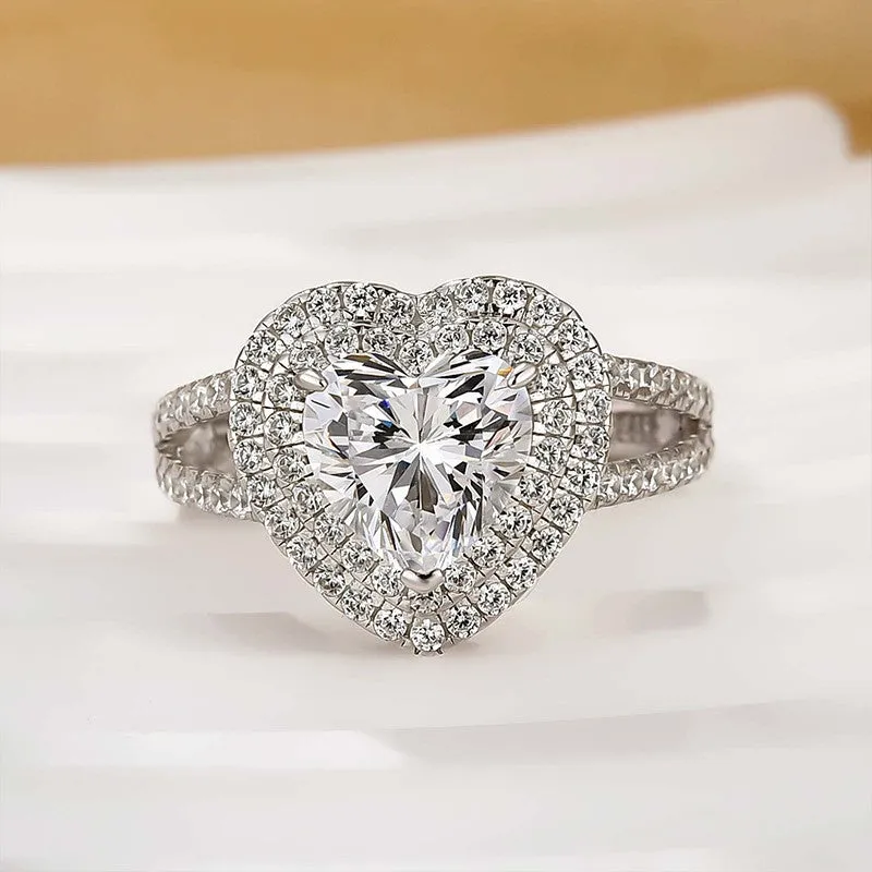 2.0Ct Halo Heart Cut Promise Ring Split Shank Travel Ring In Sterling Silver Sculpted Feature