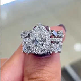 2.2 Carat Halo Pear Cut Wedding Ring Set With Two Luxurious Wedding Bands Special Occasion