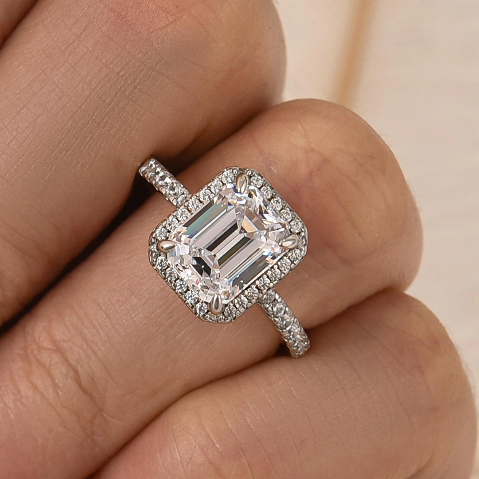 Layered Detail Night Accent Fancy 2.5Ct Emerald Cut Halo Engagement Ring For Woman In Sterling Silver