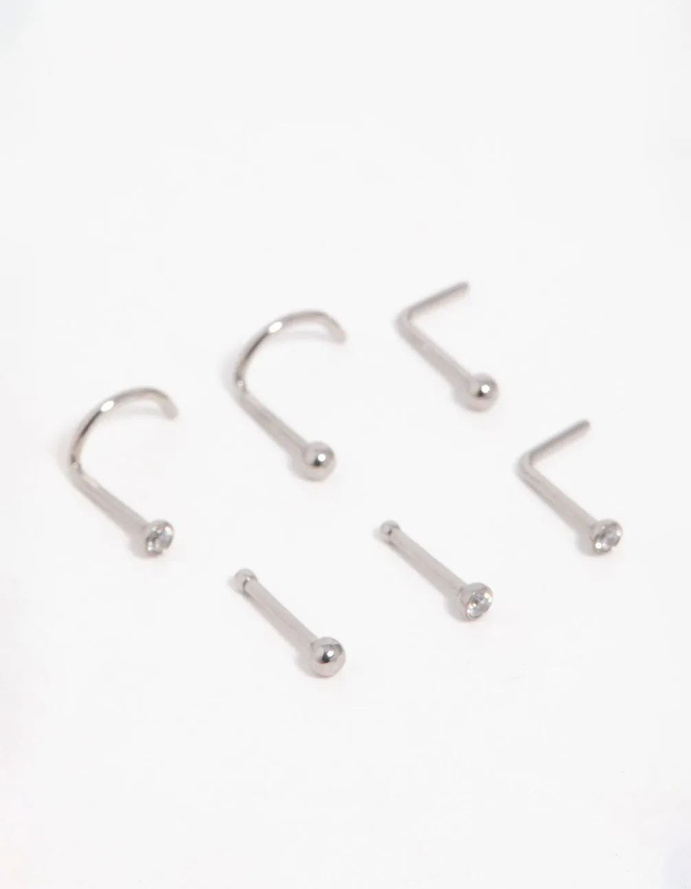 Glamorous Appeal Titanium Cubic Zirconia Classic Nose Studs 6-Pack