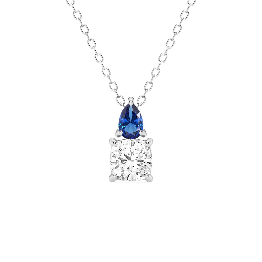 Chic Craft Toi Et Moi Sapphire and Cushion Cut Lab Grown Diamond Pendant Necklace