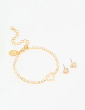 Dainty Shine Gold Plated Cubic Zirconia Heart Outline Tennis Bracelet & Earrings Set