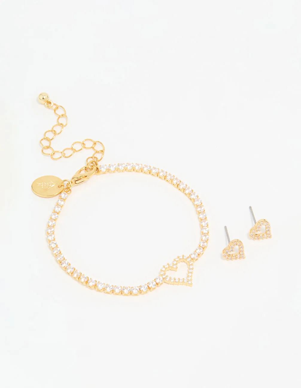 Dainty Shine Gold Plated Cubic Zirconia Heart Outline Tennis Bracelet & Earrings Set