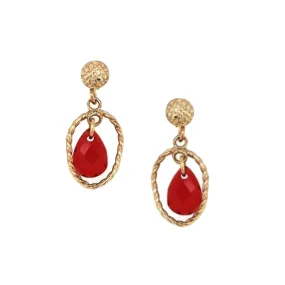 14k Gold Open Oval With Center Red CZ Teardrop On Screwback Post Earring Linear Embellishment