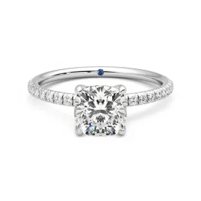 Four Prong Cushion Cut Moissanite Engagement Ring with Hidden Anniversary Stone Accent Glossy Finish Classic Memento