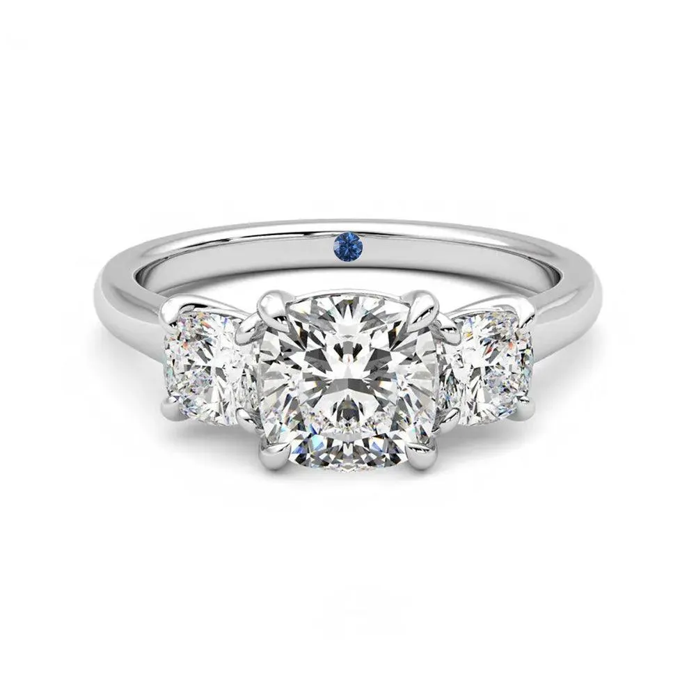 Urban Present Four Prong Three Stone Cushion Cut Moissanite Engagement Ring with Hidden Anniversary Stone Accent