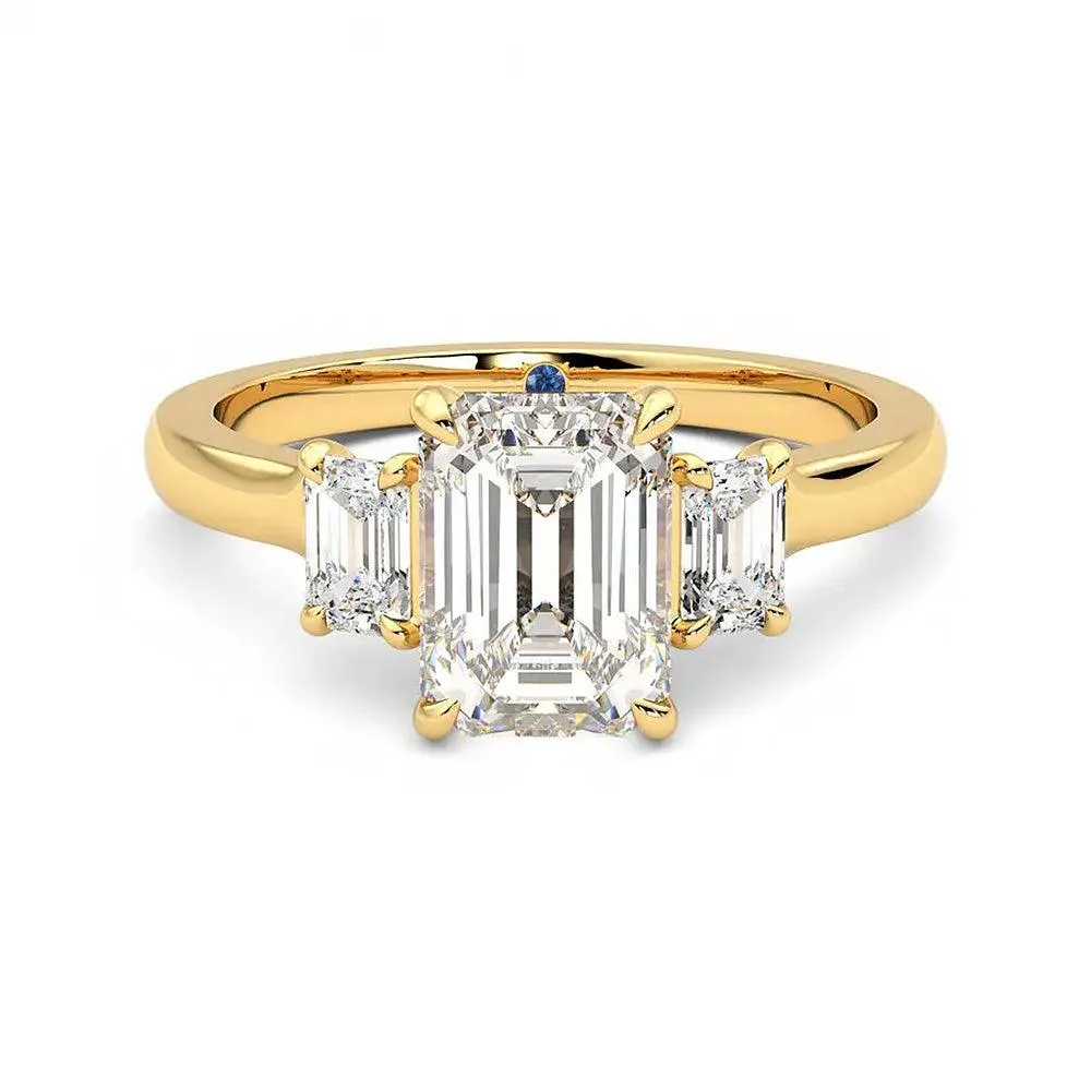 Glam Night Timeless Glow Four Prong Three Stone Emerald Cut Moissanite Engagement Ring with Hidden Anniversary Stone Accent