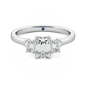 Four Prong Three Stone Emerald Cut Moissanite Engagement Ring with Hidden Anniversary Stone Accent Excellent Piece