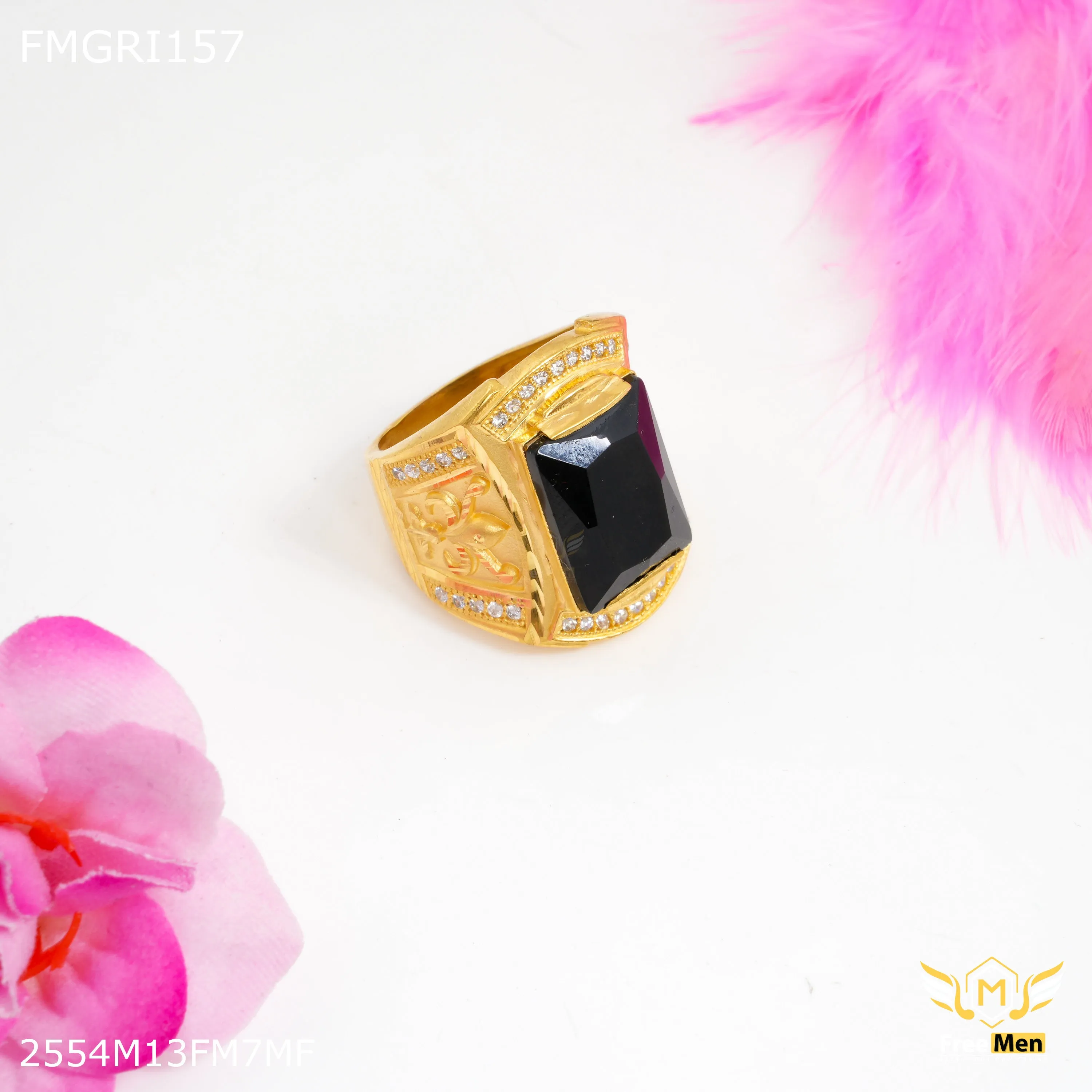 Personal Style High-End Work Freeme 1gm Black Stone with AD Gold plated ring for men - FMGRI157