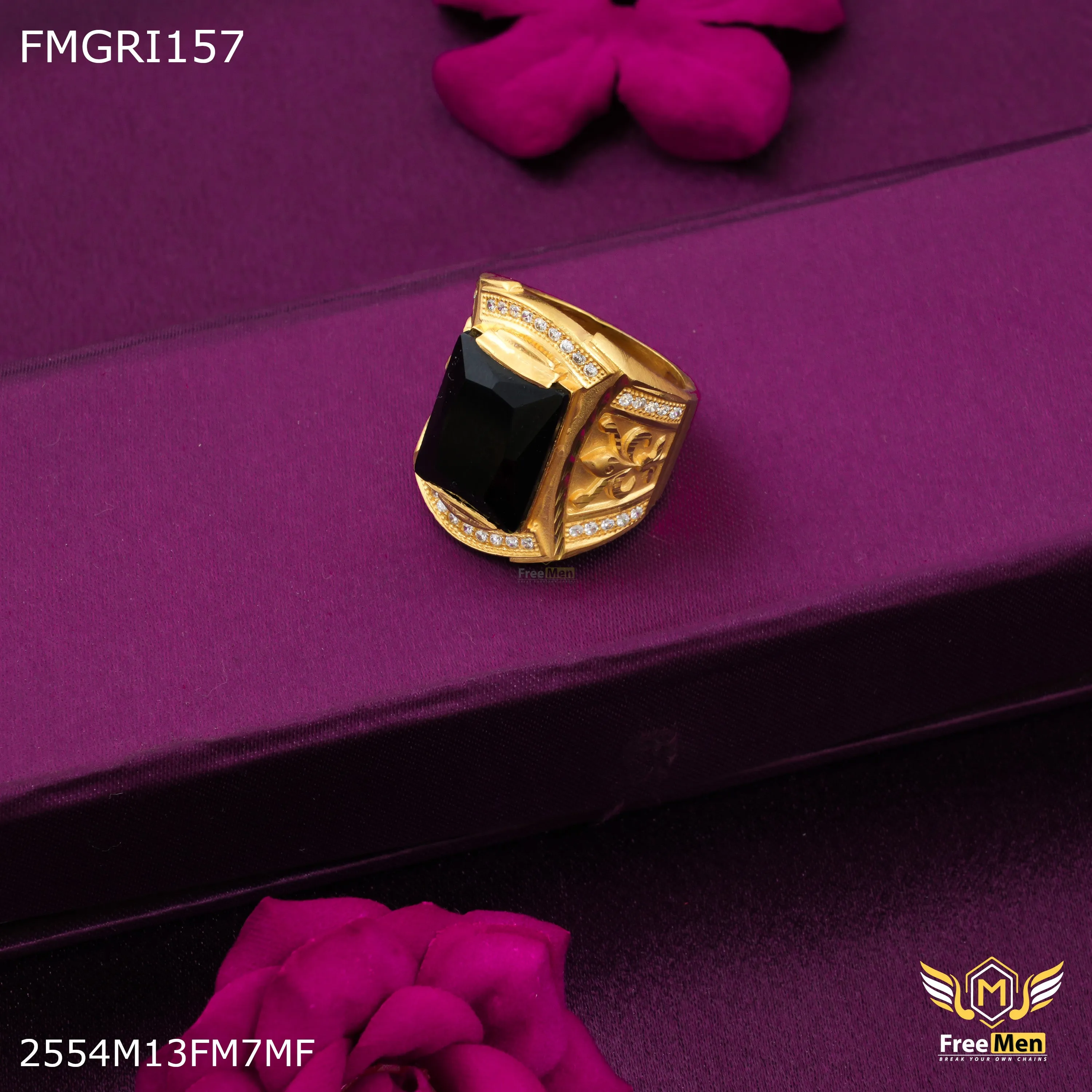 Classic Craft Freeme 1gm Black Stone with AD Gold plated ring for men - FMGRI157