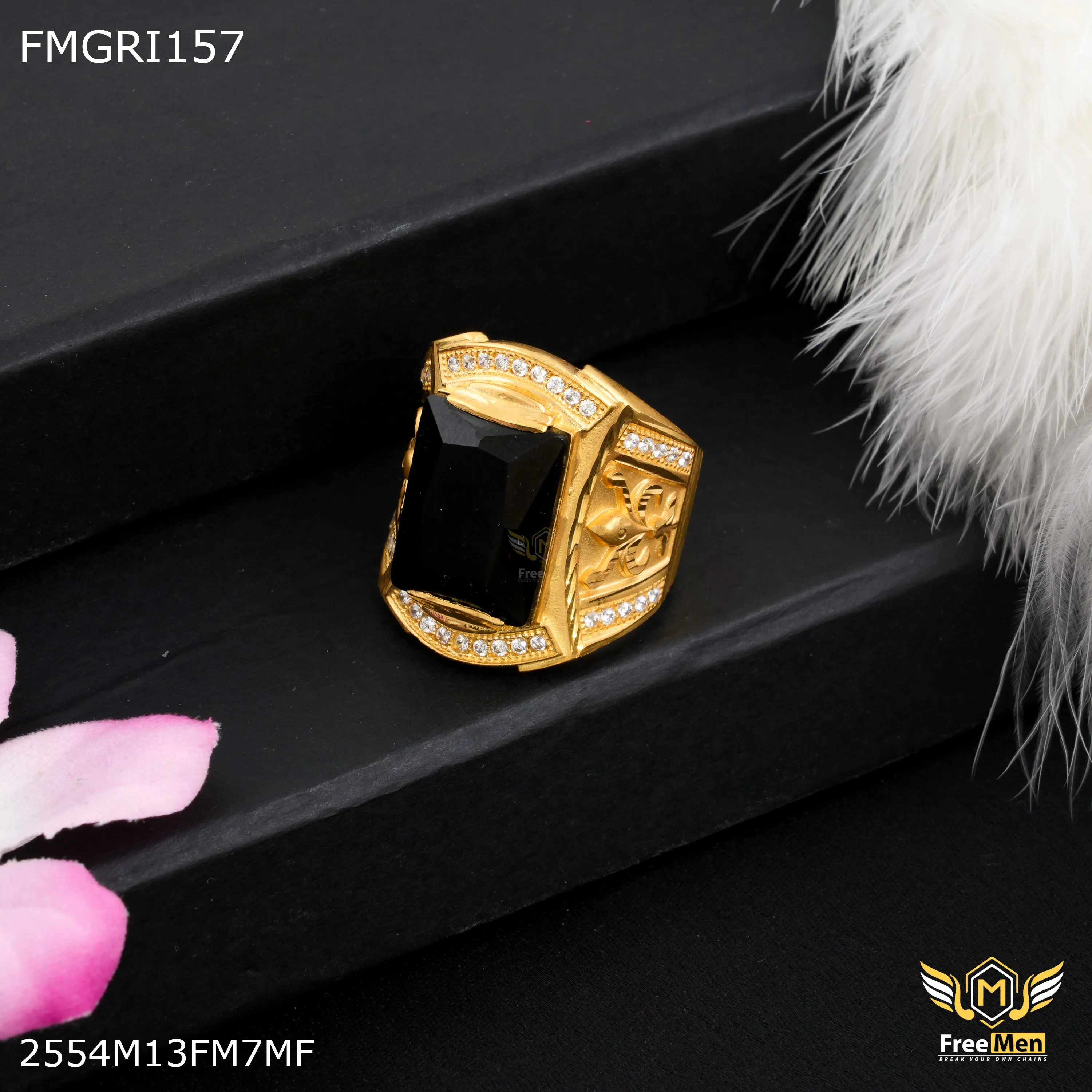 Freeme 1gm Black Stone with AD Gold plated ring for men - FMGRI157 Victorian Era Exquisite Style