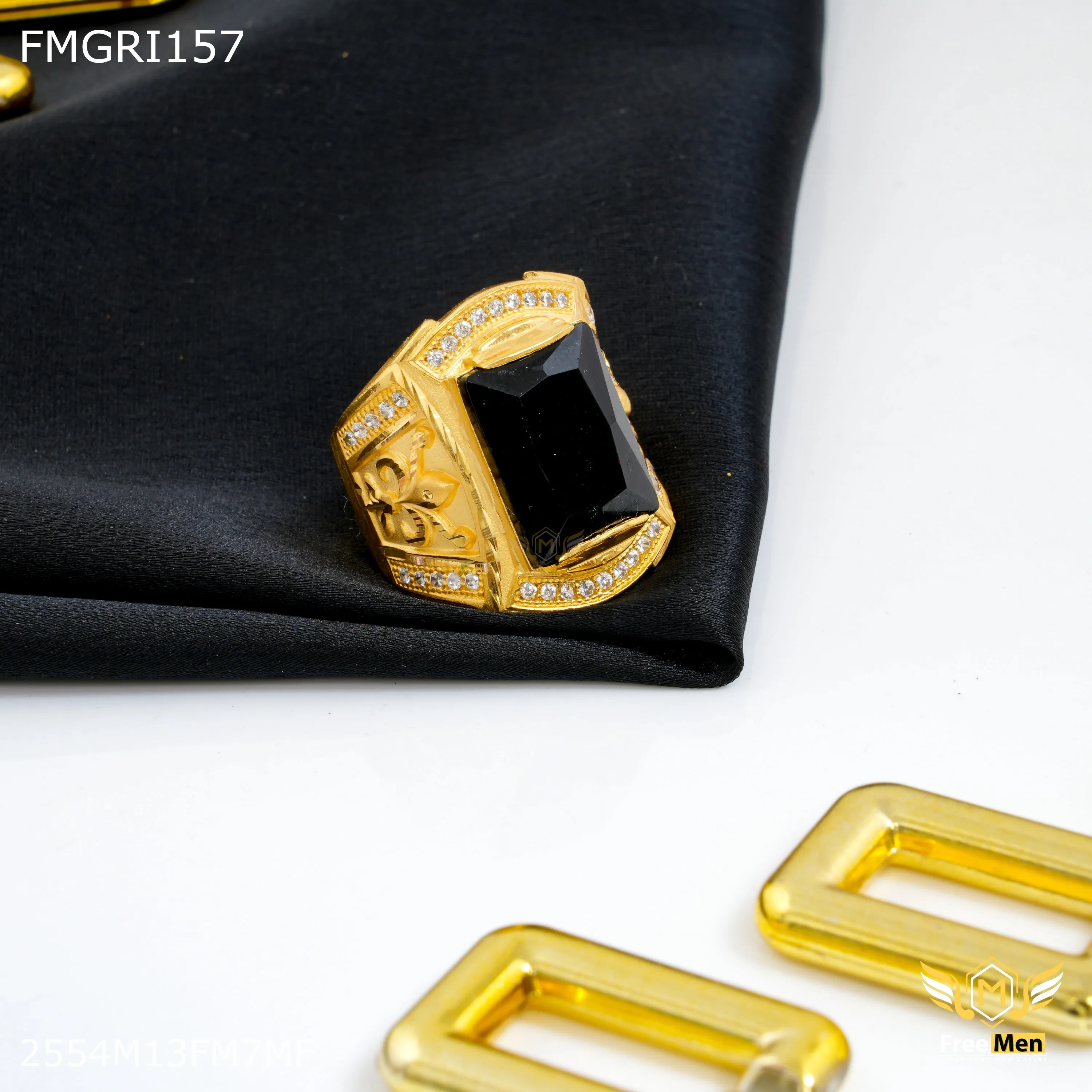 Freeme 1gm Black Stone with AD Gold plated ring for men - FMGRI157 Modern Detail Luxury Balance