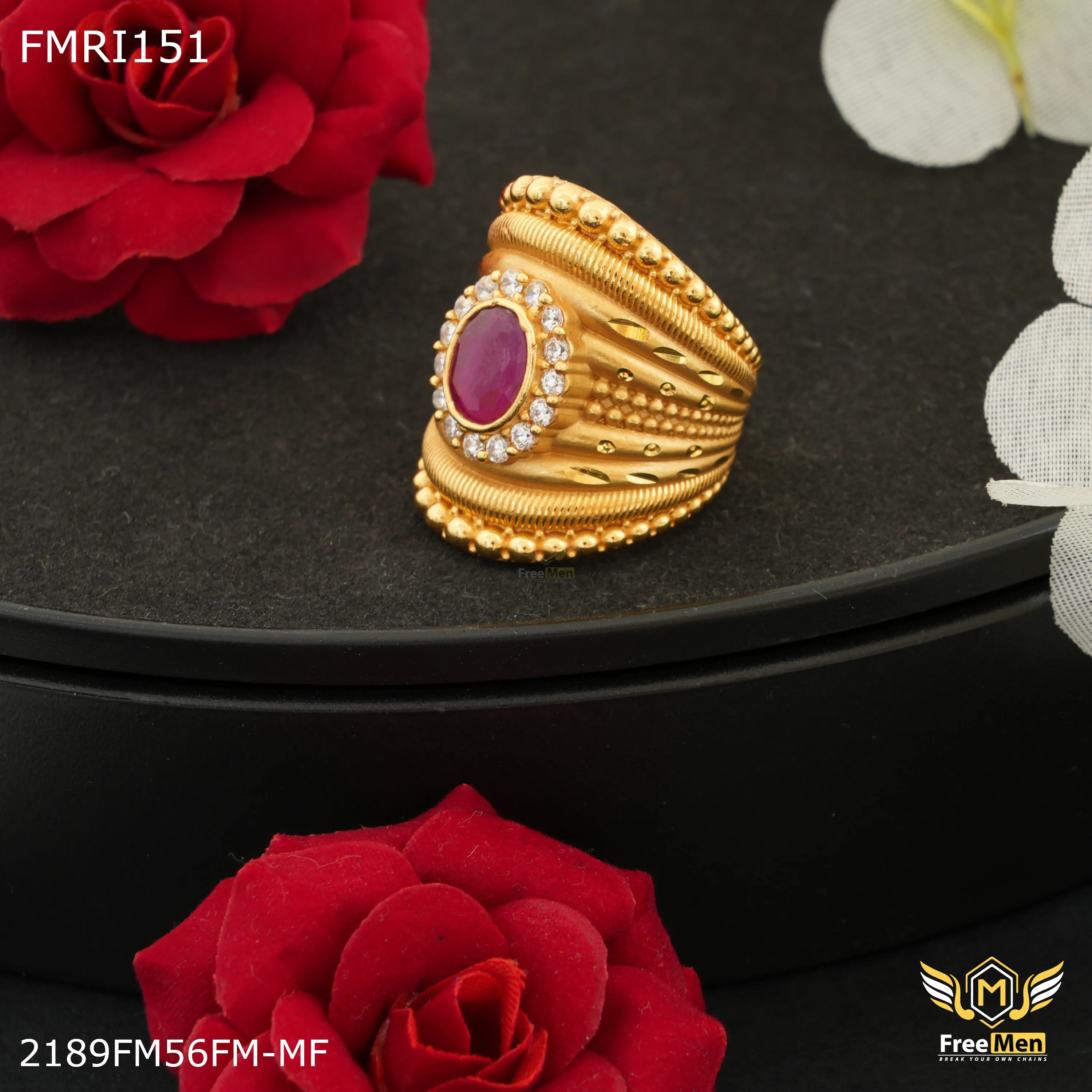 Impressive Gift HighEnd Gift Freemen Long with Pink Stone AD design ring for men - FMRI151