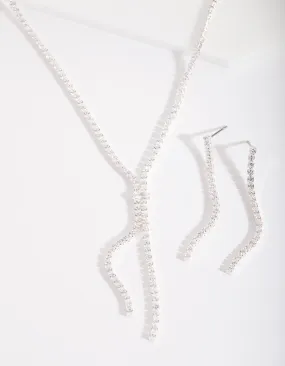 Silver Cubic Zirconia Cup Chain Y Necklace & Earrings Set Trendy Touch Wedding Outfit