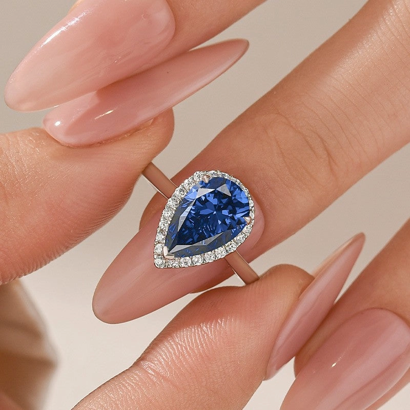 Modern Shape Petite Accent 2.2Ct Halo Pear Cut Blue Stone Engagement Ring In Sterling Silver