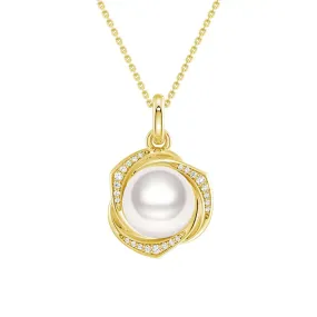 Contemporary Touch Shining Craft Freshwater Pearl Pendant Necklace with Diamond Floral Halo