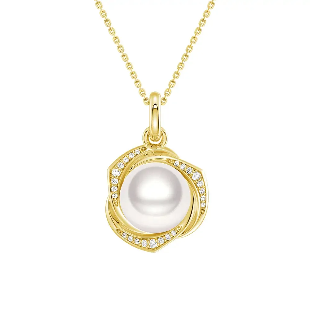 Modern Glow Freshwater Pearl Pendant Necklace with Diamond Floral Halo