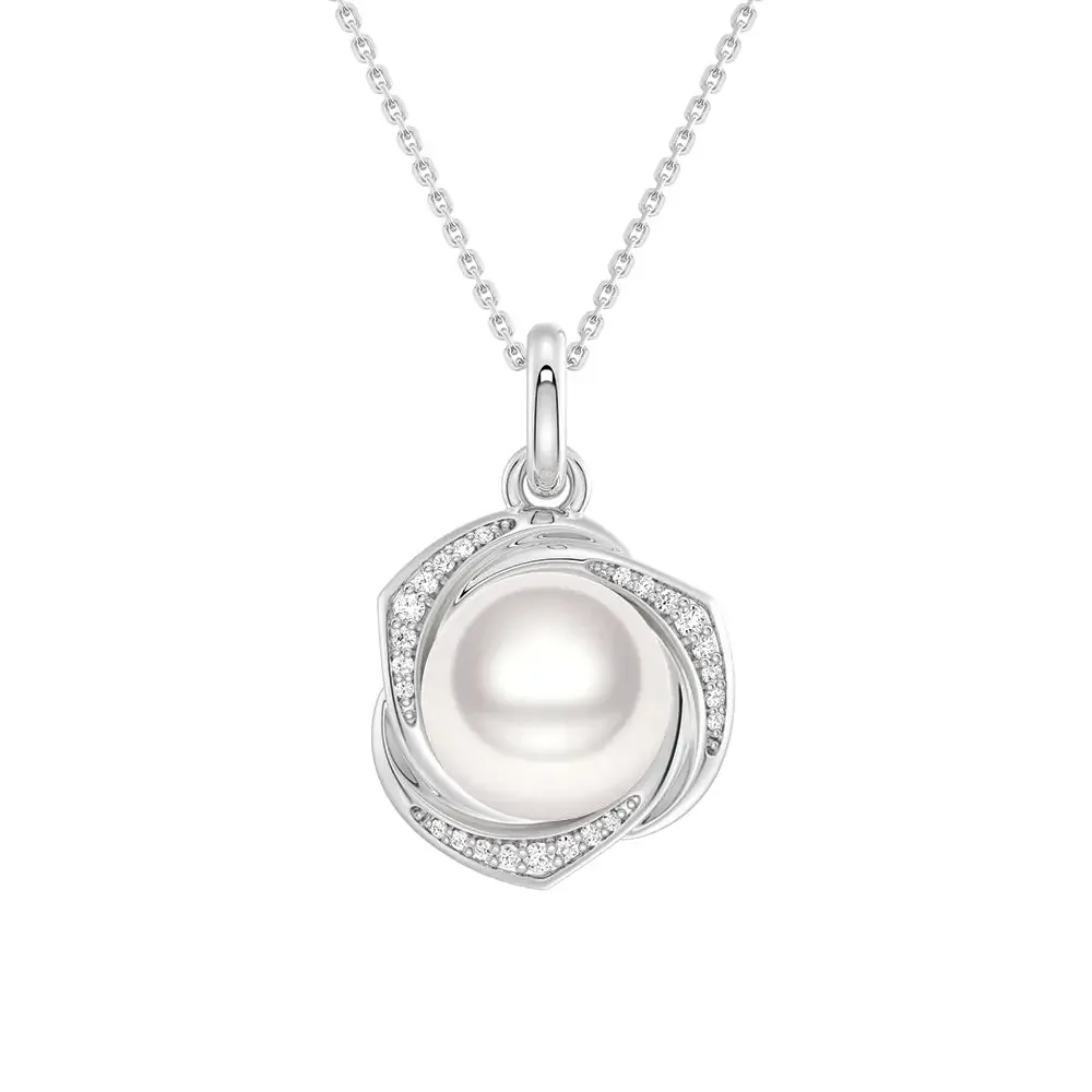 Freshwater Pearl Pendant Necklace with Diamond Floral Halo Crafted Detail Special Occasion Gift