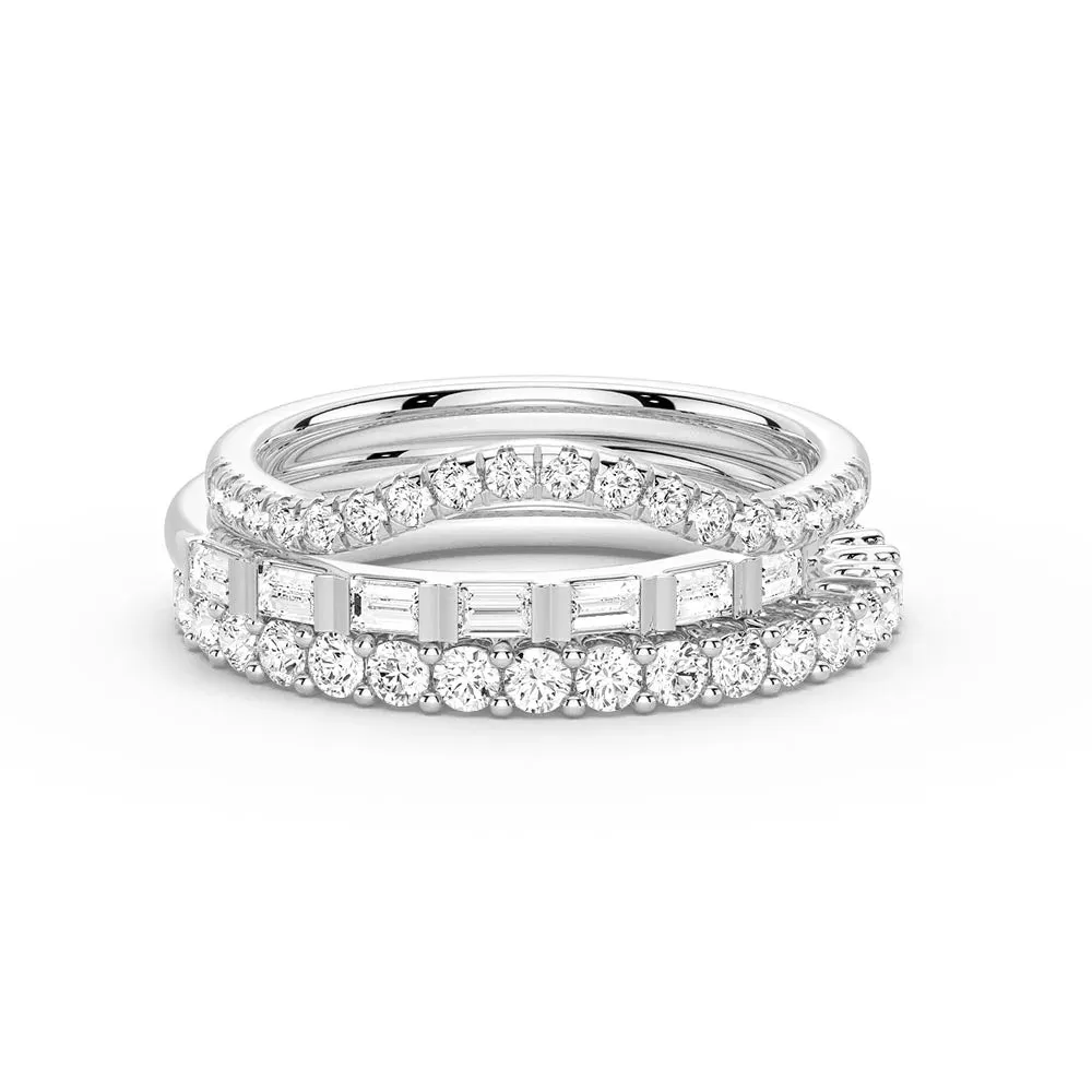 Creative Match Baguette and Round Cut Moissanite Wedding Bands with French Pave Band Stacking Rings