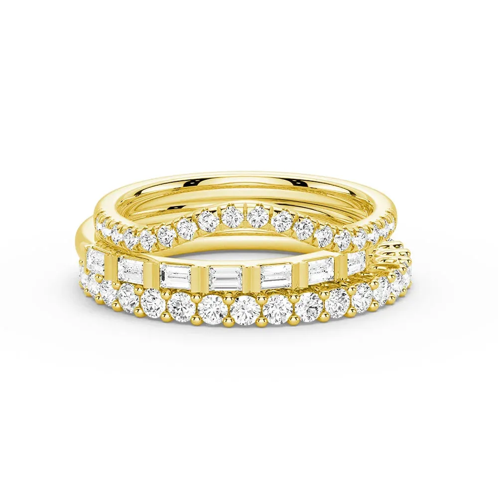 Exquisite Sparkle Pure Feature Baguette and Round Cut Moissanite Wedding Bands with French Pave Band Stacking Rings