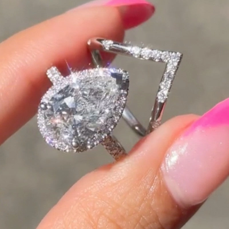 2.2Ct Halo Pear Cut Wedding Ring Set Travel Ring With Curved Wedding Band Everyday Wear Dazzling Sparkle